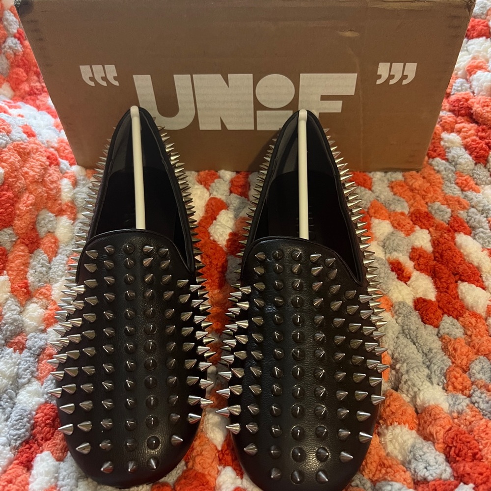 UNIF Hellraiser flats size 8, black leather silver studded flats NEW IN BOX